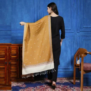Mustard Floral Jamawar Stole Winter Neck Wool scarf - Image 6