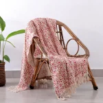 Red Beige Floral Printed Handloom Cotton Sofa Throw