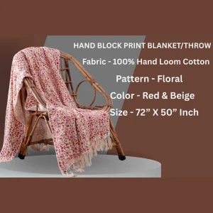 Red Beige Floral Printed Handloom Cotton Sofa Throw - Image 3