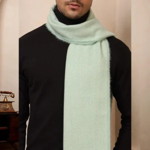 Sea Green Wool Muffler Herringbone Pattern Scarf - Image 7