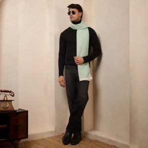 Sea Green Wool Muffler Herringbone Pattern Scarf - Image 4