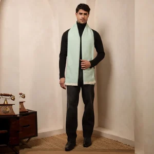 Sea Green Wool Muffler Herringbone Pattern Scarf - Image 6