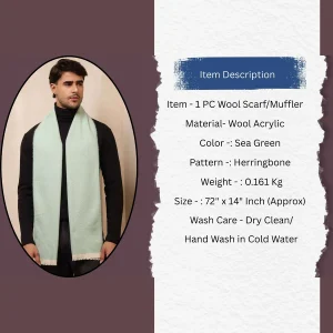 Sea Green Wool Muffler Herringbone Pattern Scarf - Image 9