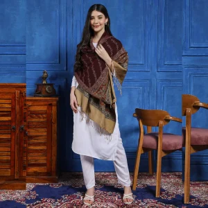 Soft Wool Wrap Warm Thick Wine Floral Stole - Image 4