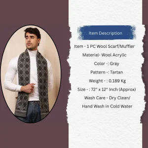 Stylish Gray Tartan Muffler Men's Winter Wool Scarf - Image 9