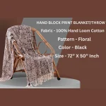 Traditional Bagru Hand Block Printed Throw Black Floral Blanket - Image 6