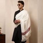 White Woven Wool Kullu Weaving Pallu Designed Shawl for Men's - Image 2