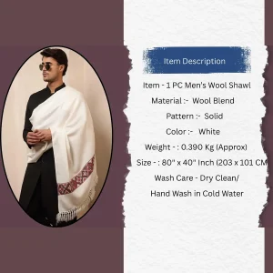 White Woven Wool Kullu Weaving Pallu Designed Shawl for Men's - Image 11