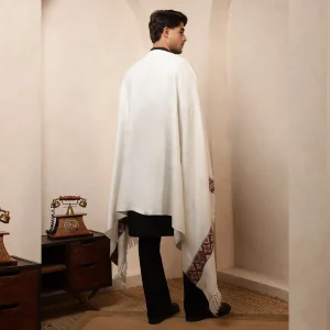 White Woven Wool Kullu Weaving Pallu Designed Shawl for Men's - Image 10