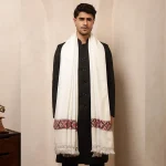 White Woven Wool Kullu Weaving Pallu Designed Shawl for Men's