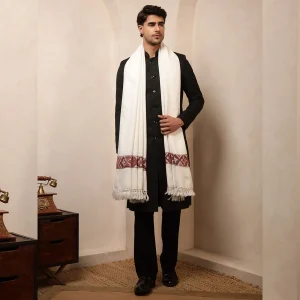 White Woven Wool Kullu Weaving Pallu Designed Shawl for Men's - Image 7