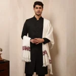 White Woven Wool Kullu Weaving Pallu Designed Shawl for Men's - Image 4