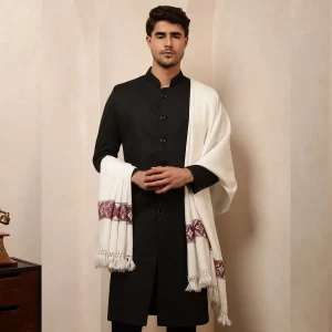 White Woven Wool Kullu Weaving Pallu Designed Shawl for Men's - Image 4