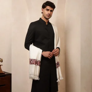 White Woven Wool Kullu Weaving Pallu Designed Shawl for Men's - Image 5