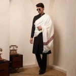 White Woven Wool Kullu Weaving Pallu Designed Shawl for Men's - Image 6