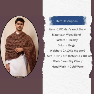 Winter Floral Pashmina Shawl Men's Large Soft Wool Wrap Warm Beige - Image 11
