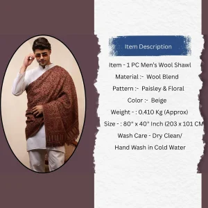 Winter Throw Pure Cashmere Shawl Men's Beige Floral & Paisley - Image 11