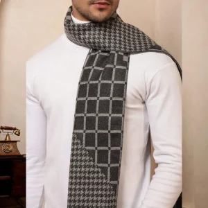 Winter Warm Wool Muffler Gray Checked Reversible Scarf - Image 7