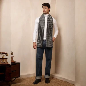 Winter Warm Wool Muffler Gray Checked Reversible Scarf - Image 6