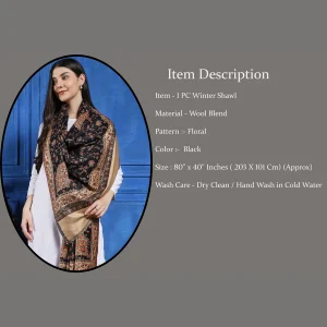 Women Kashmiri Wraps Black Floral Wool Shawl - Image 7