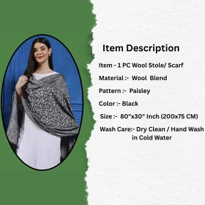 Women Pashmina Black Paisley Scarf Stole - Image 7