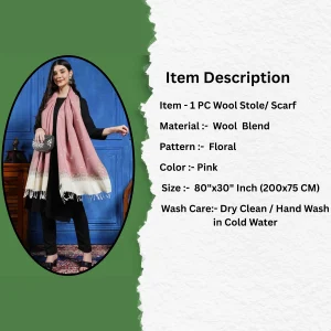 Women Pink Floral Wrap Cashmere Wool Stole 80" - Image 7