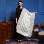 Women White Floral Stole Winter Soft Wool Wrap Scarf - Image 3