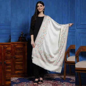 Women White Floral Stole Winter Soft Wool Wrap Scarf - Image 3