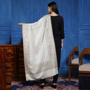 Women White Floral Stole Winter Soft Wool Wrap Scarf - Image 5