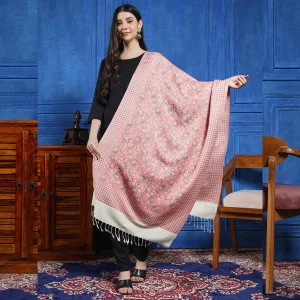 Women Wool Cashmere Floral Scarf Pink Floral Stole - Image 4