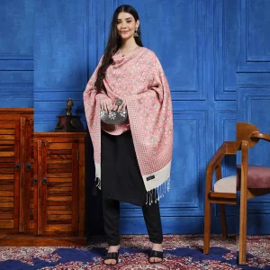 Women Wool Cashmere Floral Scarf Pink Floral Stole - Image 3