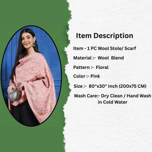 Women Wool Cashmere Floral Scarf Pink Floral Stole - Image 7