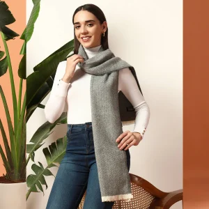 Women's Cashmere Grey Herringbone Winter Scarf - Image 3