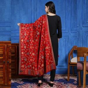 Women's Faux Pashmina Jamawar Shawl, Wrap Red Leaf - Image 5