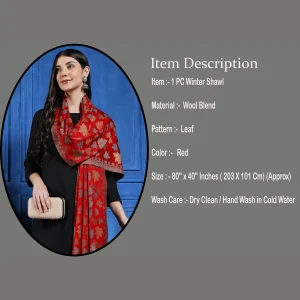 Women's Faux Pashmina Jamawar Shawl, Wrap Red Leaf - Image 7