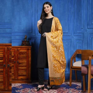 Women's Floral Design Shawl, Stylish Mustard Color Shawl - Image 6