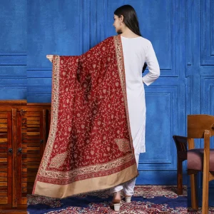 Women's Large Pashmina Woolen Shawl Maroon Floral - Image 5