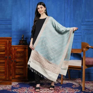 Wrap-Trendy Floral Cashmere Oversize Turquoise Stole - Image 3