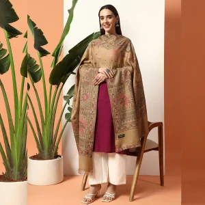 Cashmere Handmade Beige Paisley Woolen Kullu Shawl - Image 4