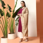 Handmade Cashmere Beige Leaf Woolen Stole - Image 2