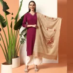 Handmade Cashmere Beige Leaf Woolen Stole - Image 4