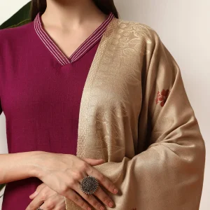 Handmade Cashmere Beige Leaf Woolen Stole - Image 5