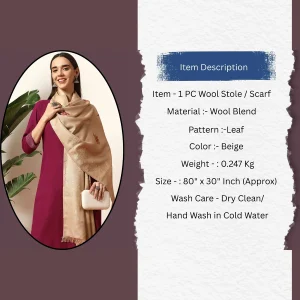 Handmade Cashmere Beige Leaf Woolen Stole - Image 8