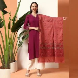 luxury Pink Leaf Design Stylish Wool Shawl - Image 4