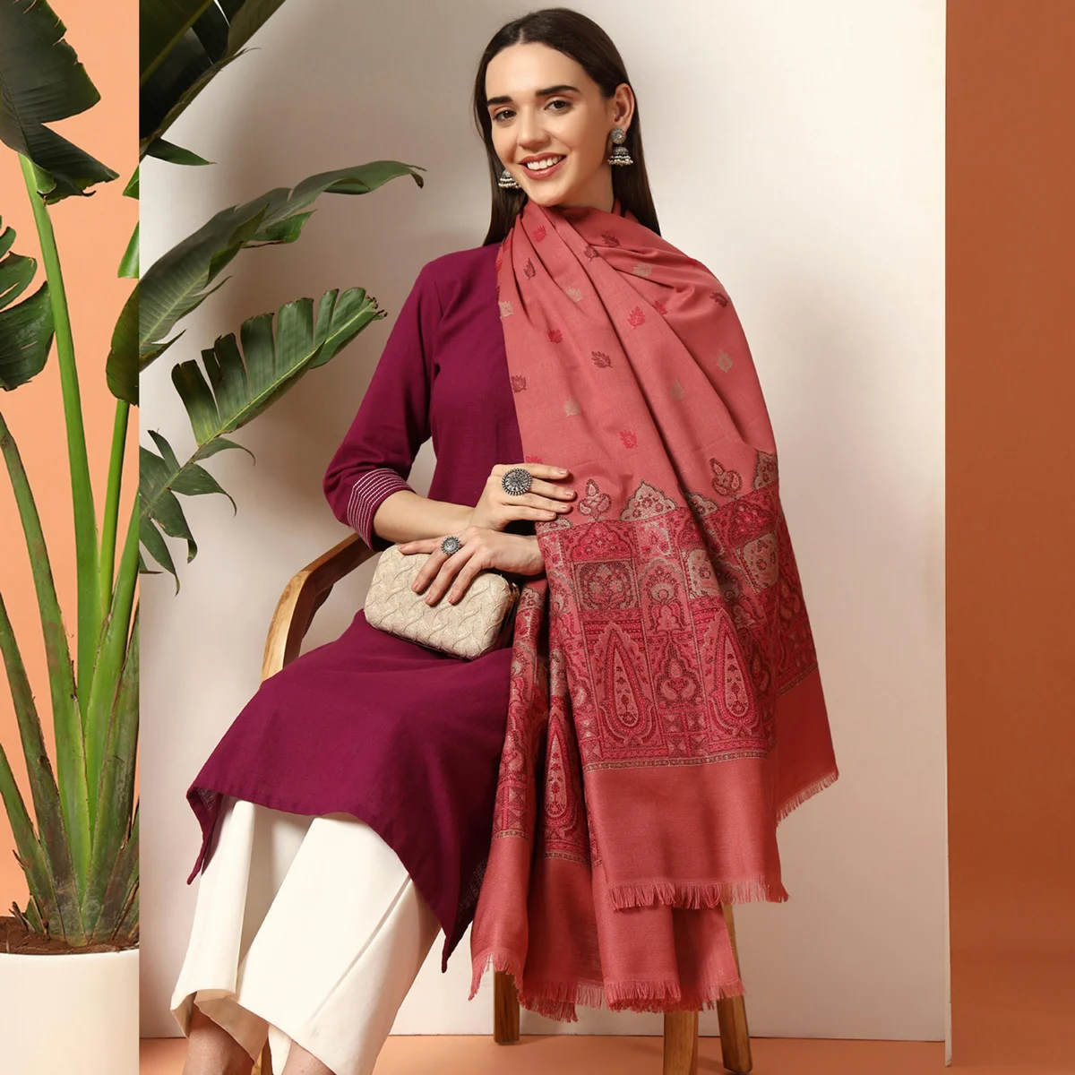 luxury-pink-leaf-design-stylish-wool-shawl WWS-513 (5)