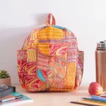 School Backpack Washed Cotton Bag Orange Patchwork Quilted Bag - Image 3