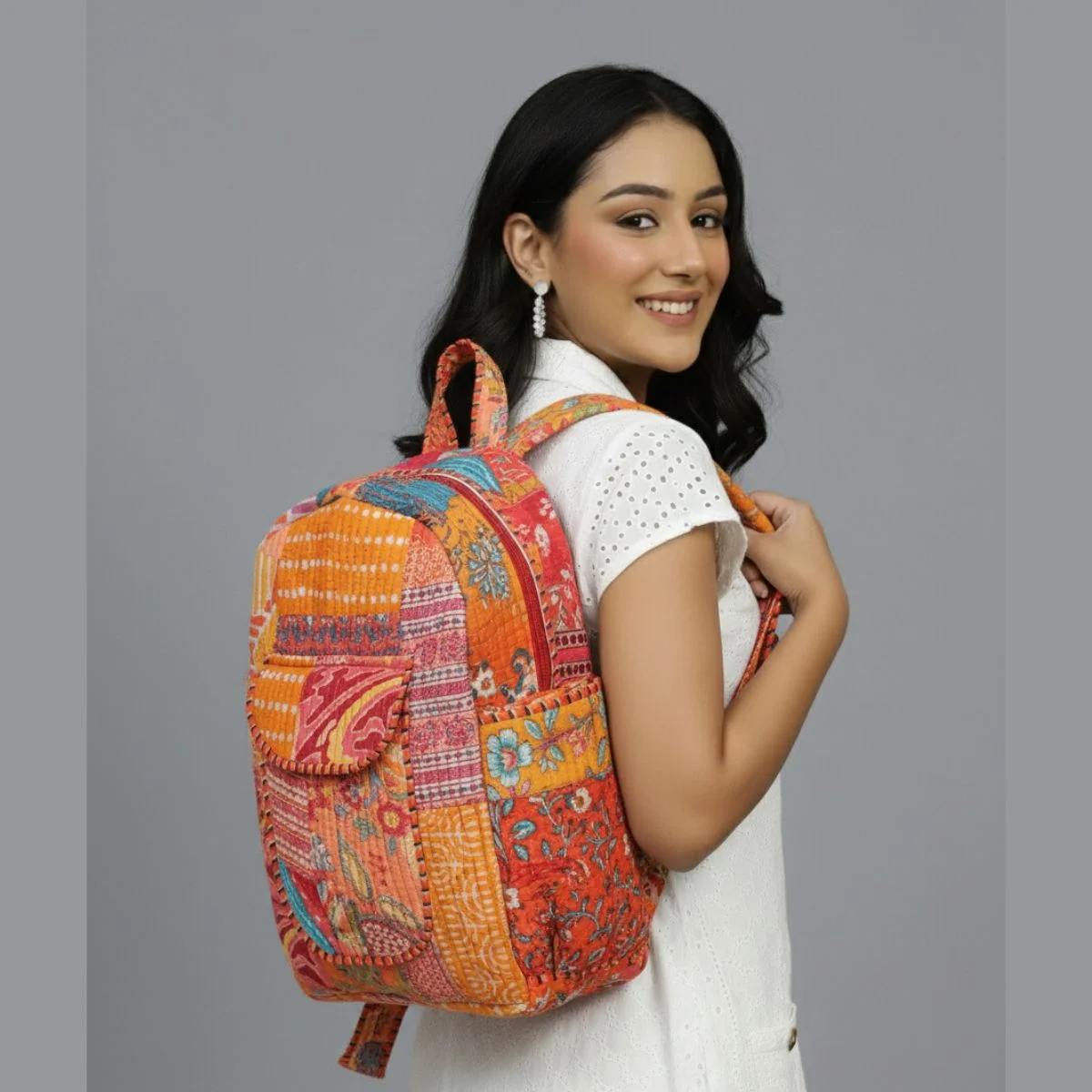 school-backpack-washed-cotton-bag-orange-patchwork-quilted-bag CHBP-9 (10)
