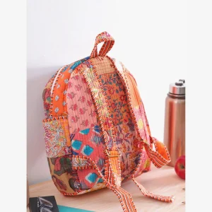 School Backpack Washed Cotton Bag Orange Patchwork Quilted Bag - Image 5