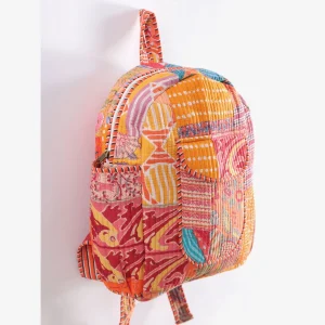 School Backpack Washed Cotton Bag Orange Patchwork Quilted Bag - Image 4
