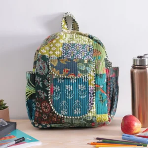 Unisex Fabric School Bag Green Patchwork Quilted Bag - Image 3